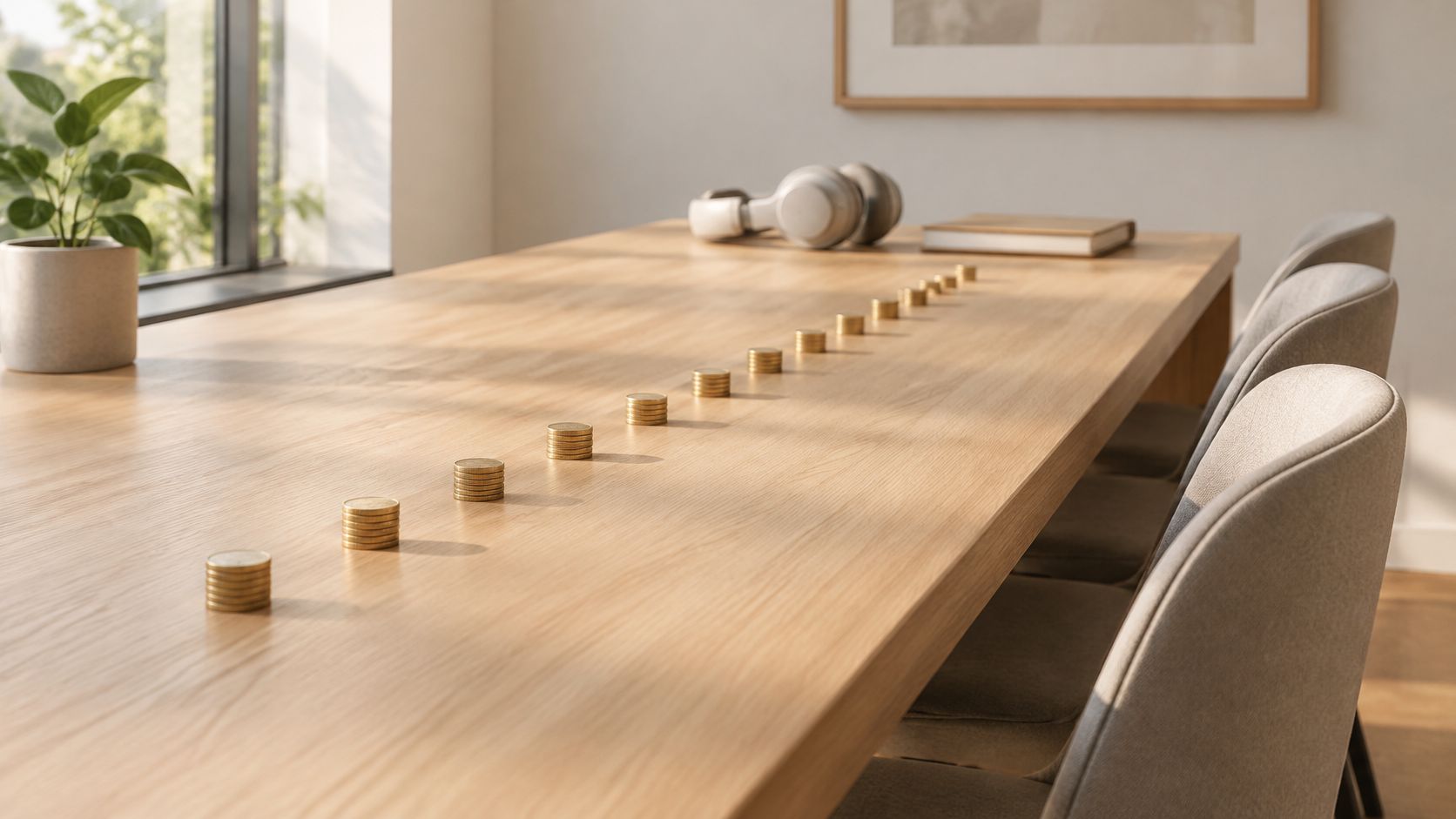 A row of coin stacks increasing in height on a wooden conference table in a modern office.