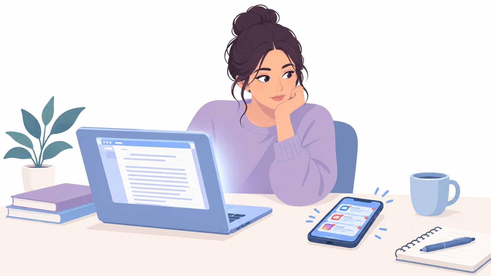 A young woman with a hair bun resting her chin on her hand while working on a laptop.
