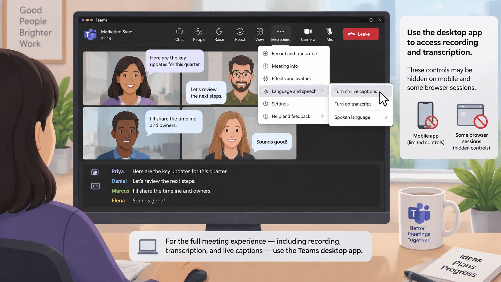 A digital illustration showing a person using the Microsoft Teams desktop app to access live captions.