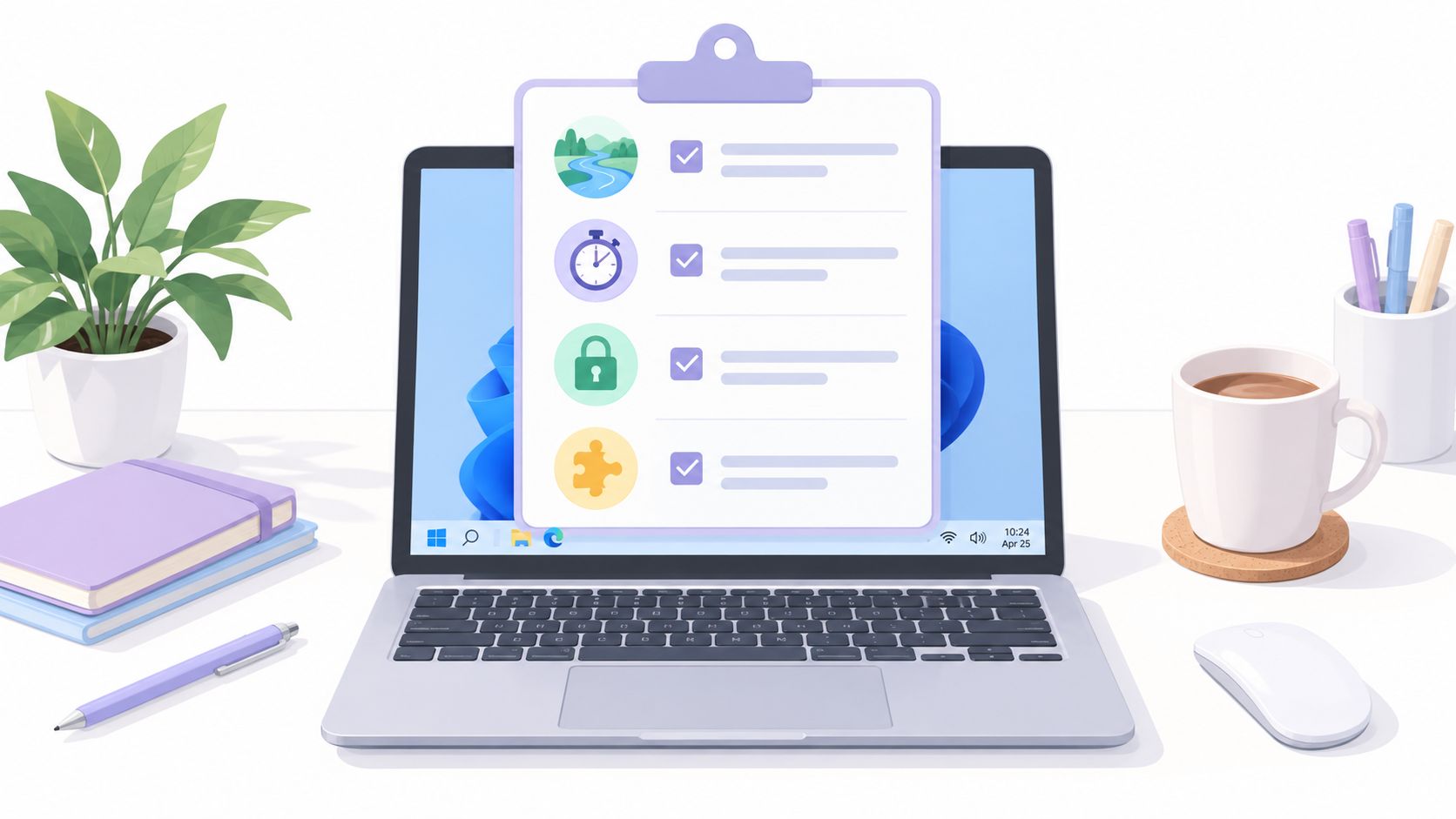 A clean desk workspace with a laptop displaying a task list clipboard, a plant, and coffee.