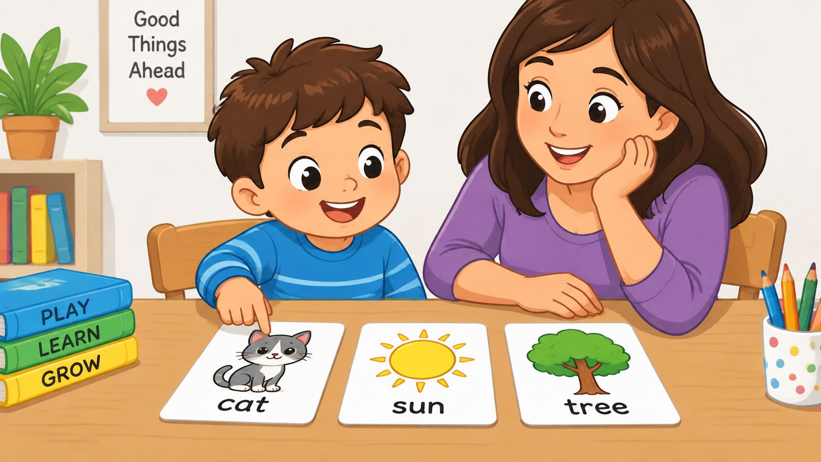 Friendly illustration of a six-year-old child pointing to a cat picture while a parent joins a matching game.