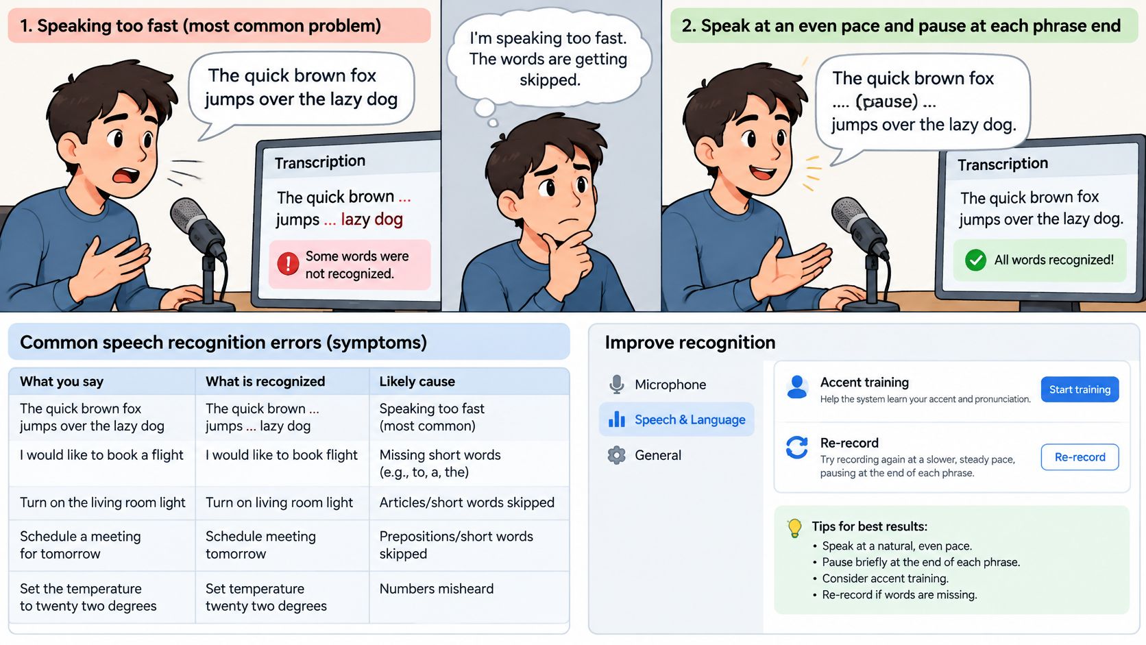 An infographic illustrating common voice recognition errors and tips for improving speech input accuracy while recording audio.