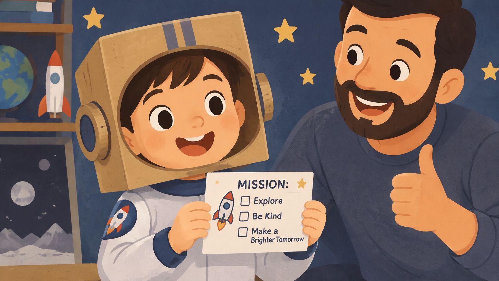 A father smiles at his child wearing a cardboard astronaut helmet while holding a mission list.