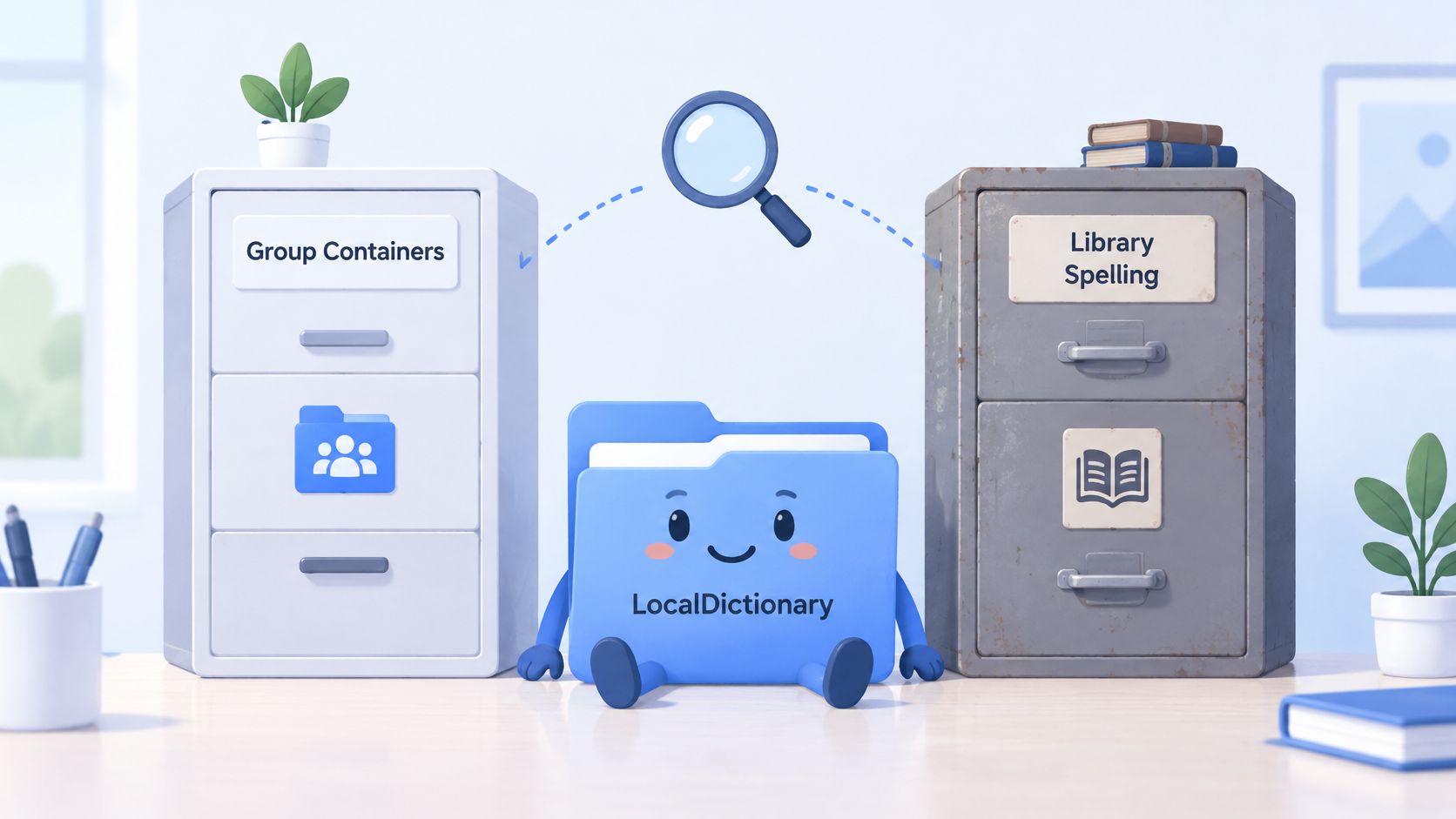A 3D illustration showing a folder named LocalDictionary being searched between two cabinet storage systems.