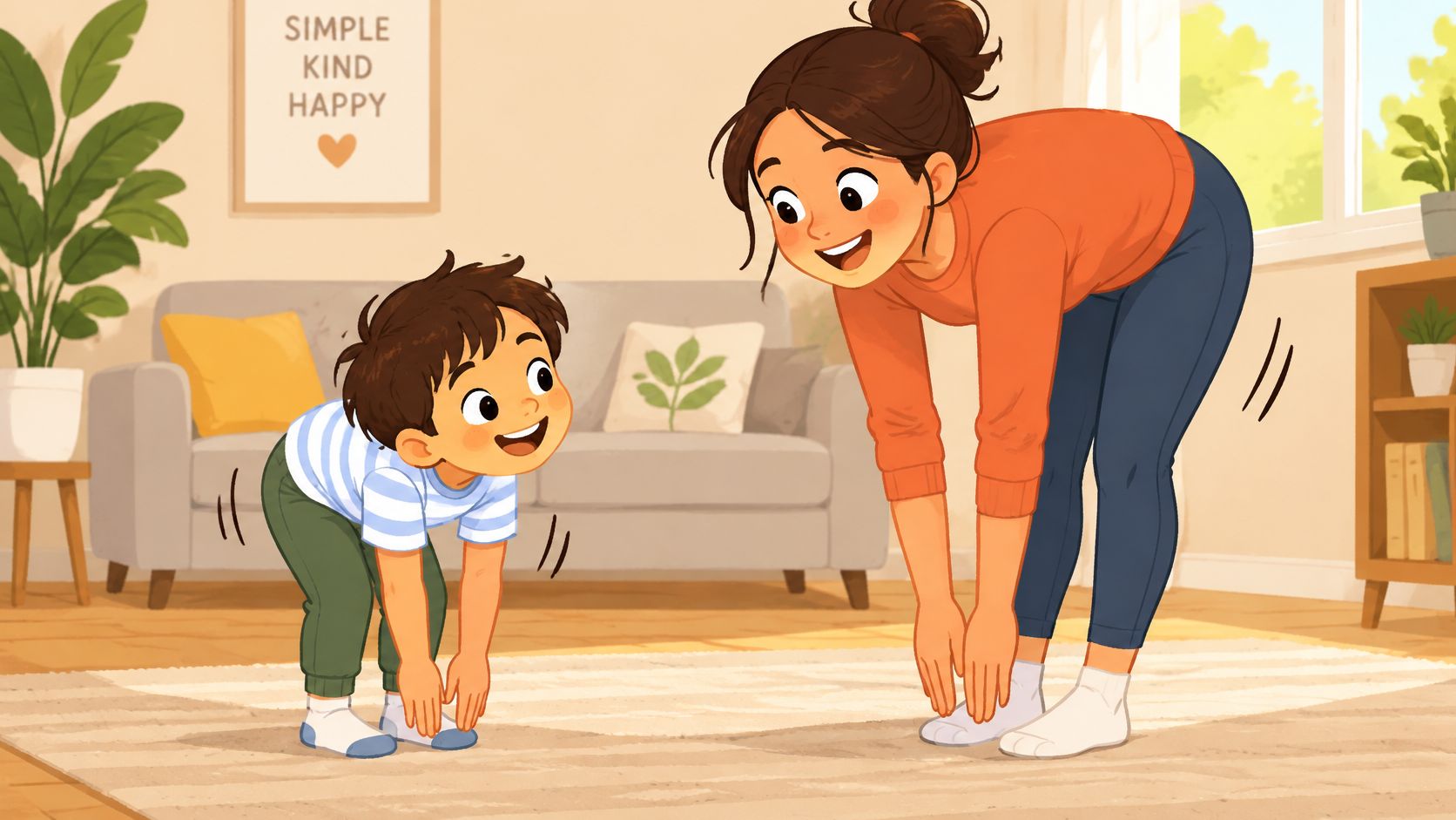 A young boy and his mother joyfully exercise together, bending forward to touch their toes at home.