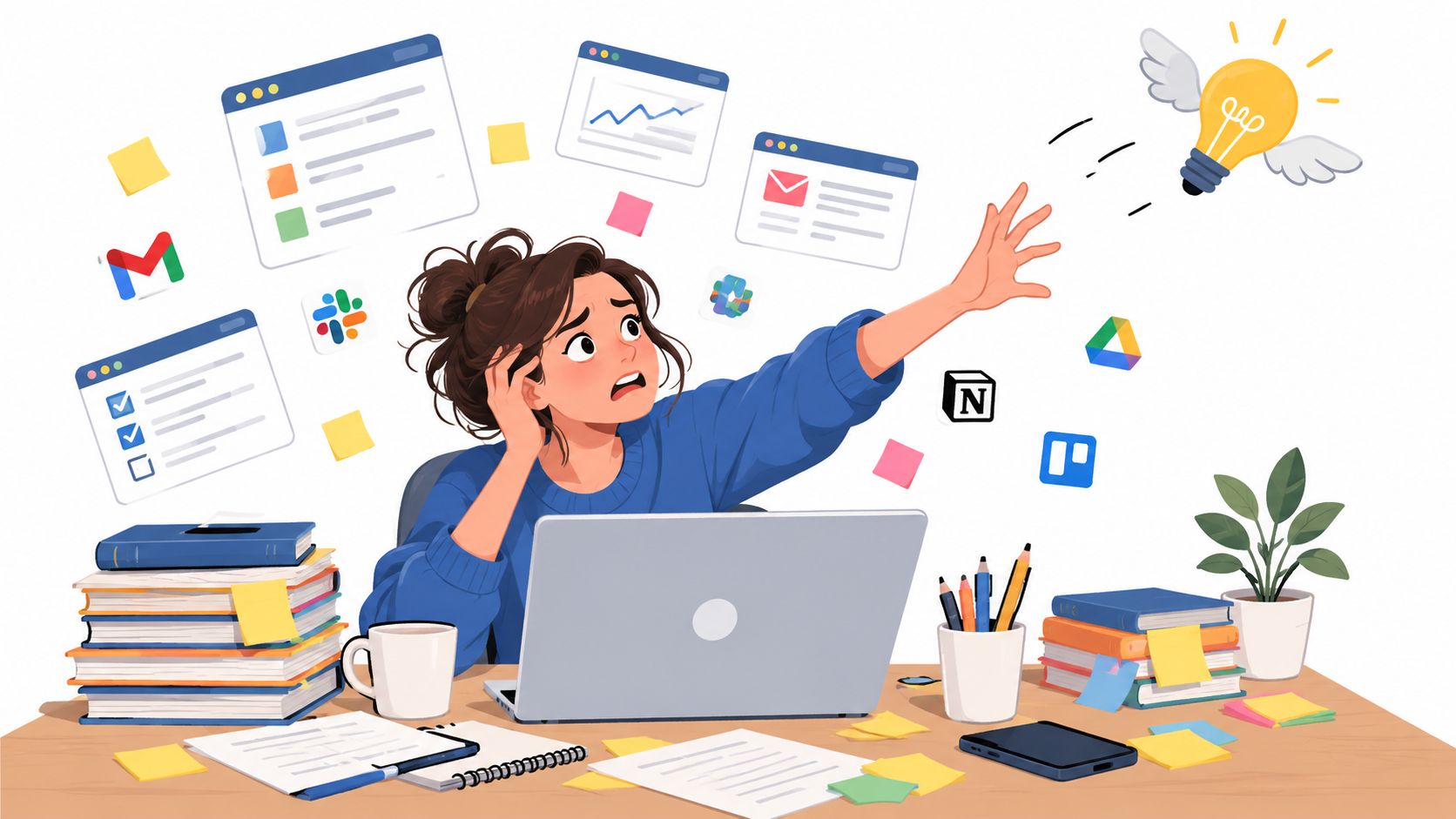 A stressed woman sitting at a desk surrounded by a cluttered digital workspace and floating app icons.