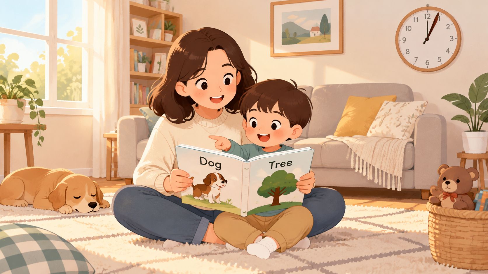 A mother and her young son sitting together on a rug reading an English picture book at home.