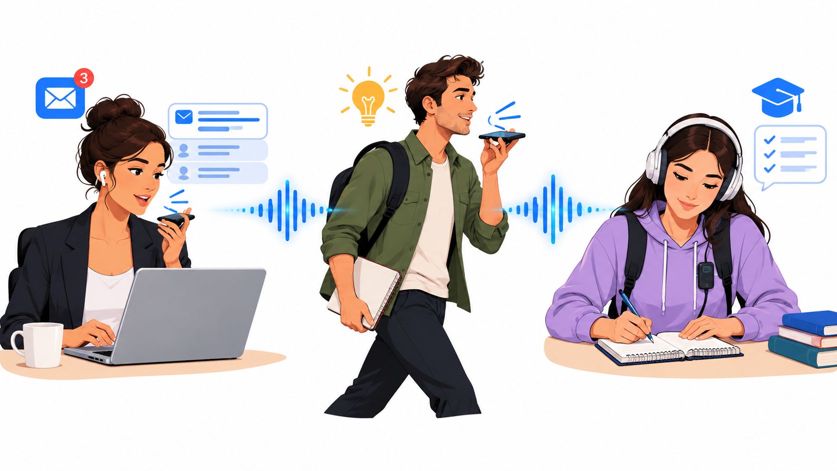 A professional woman, a student walking, and a student studying connected by digital audio voice messaging icons.