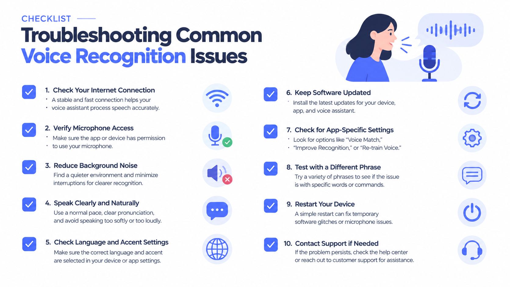 A checklist infographic illustrating ten troubleshooting steps to resolve common voice recognition issues for smart devices.