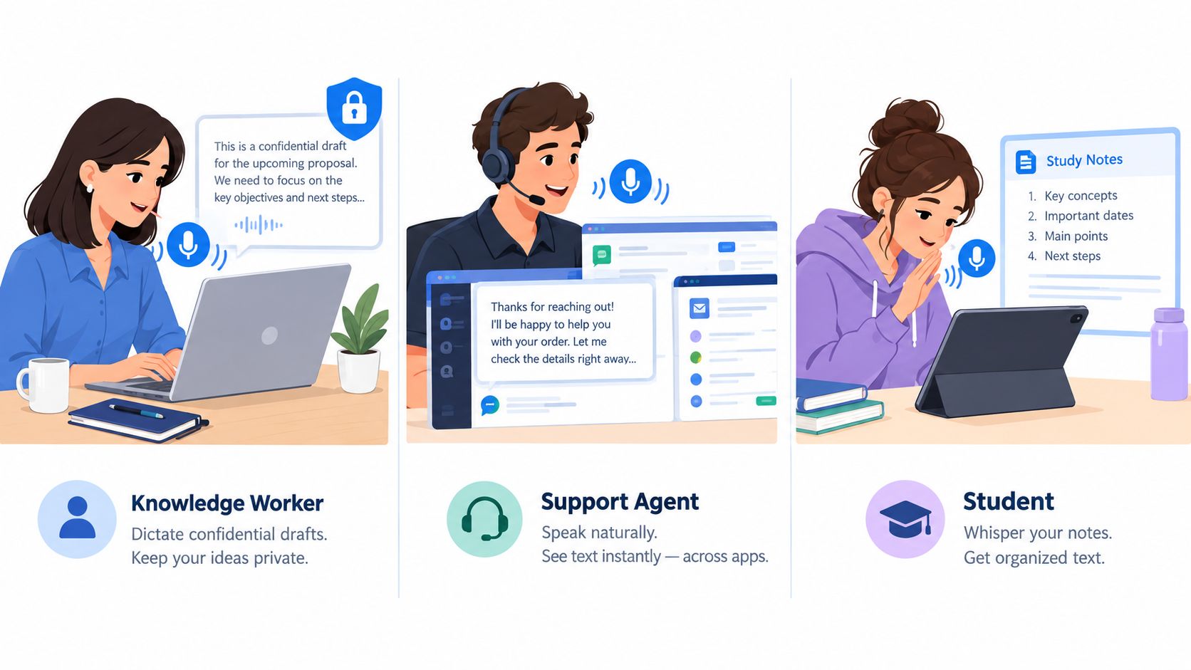 Three users, a knowledge worker, support agent, and student, using local voice-to-text software on various devices.