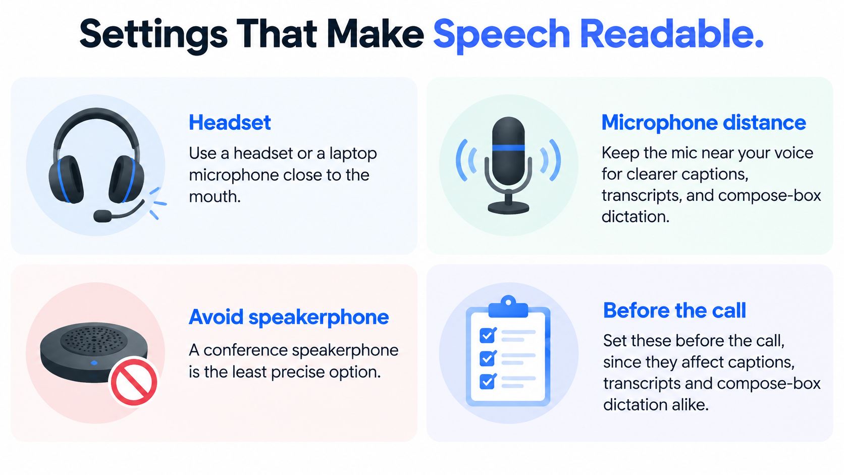 An infographic showing four tips for improving speech recognition accuracy during virtual meetings and conference calls.