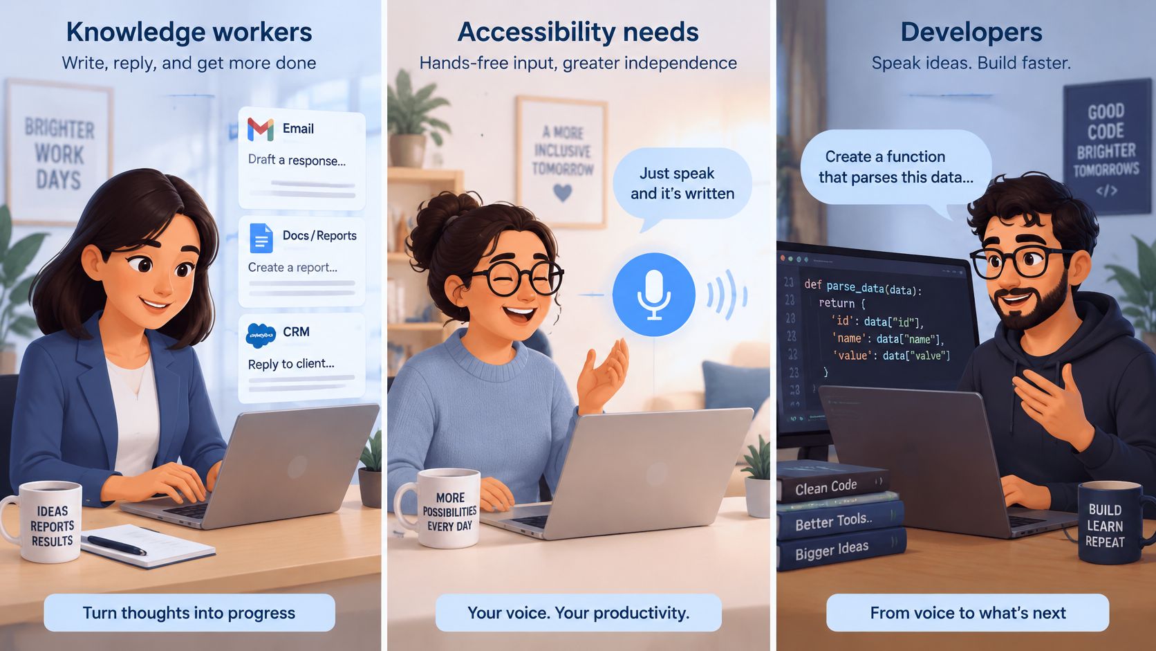 A split image showing three people using voice typing software for various professional and accessibility tasks.