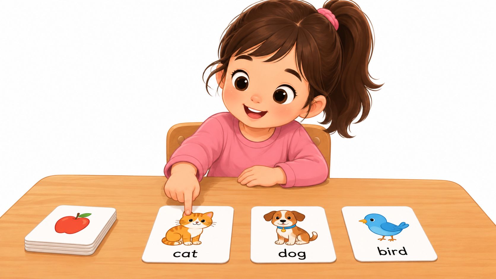 A young girl smiles while pointing at a flashcard featuring a cute orange cat illustration.