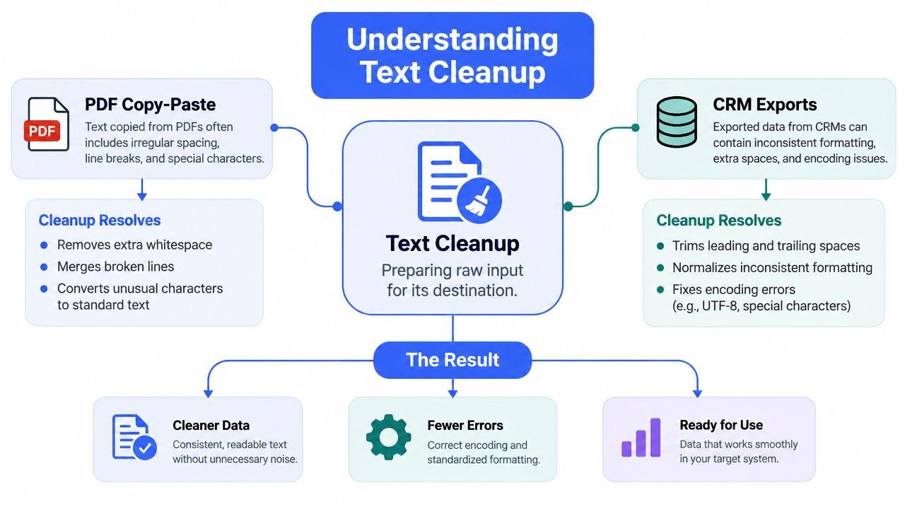 A flowchart explaining the process of text cleanup for data imported from PDF files and CRM systems.