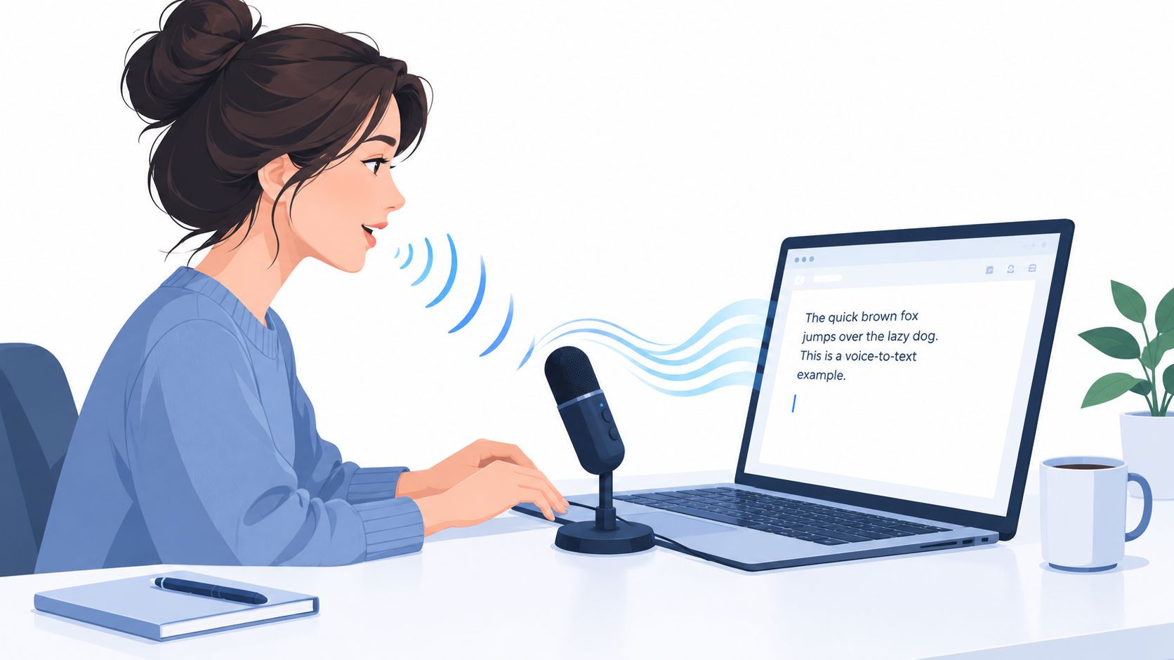 A woman speaks into a microphone at her laptop to transcribe speech to text for dictation purposes.