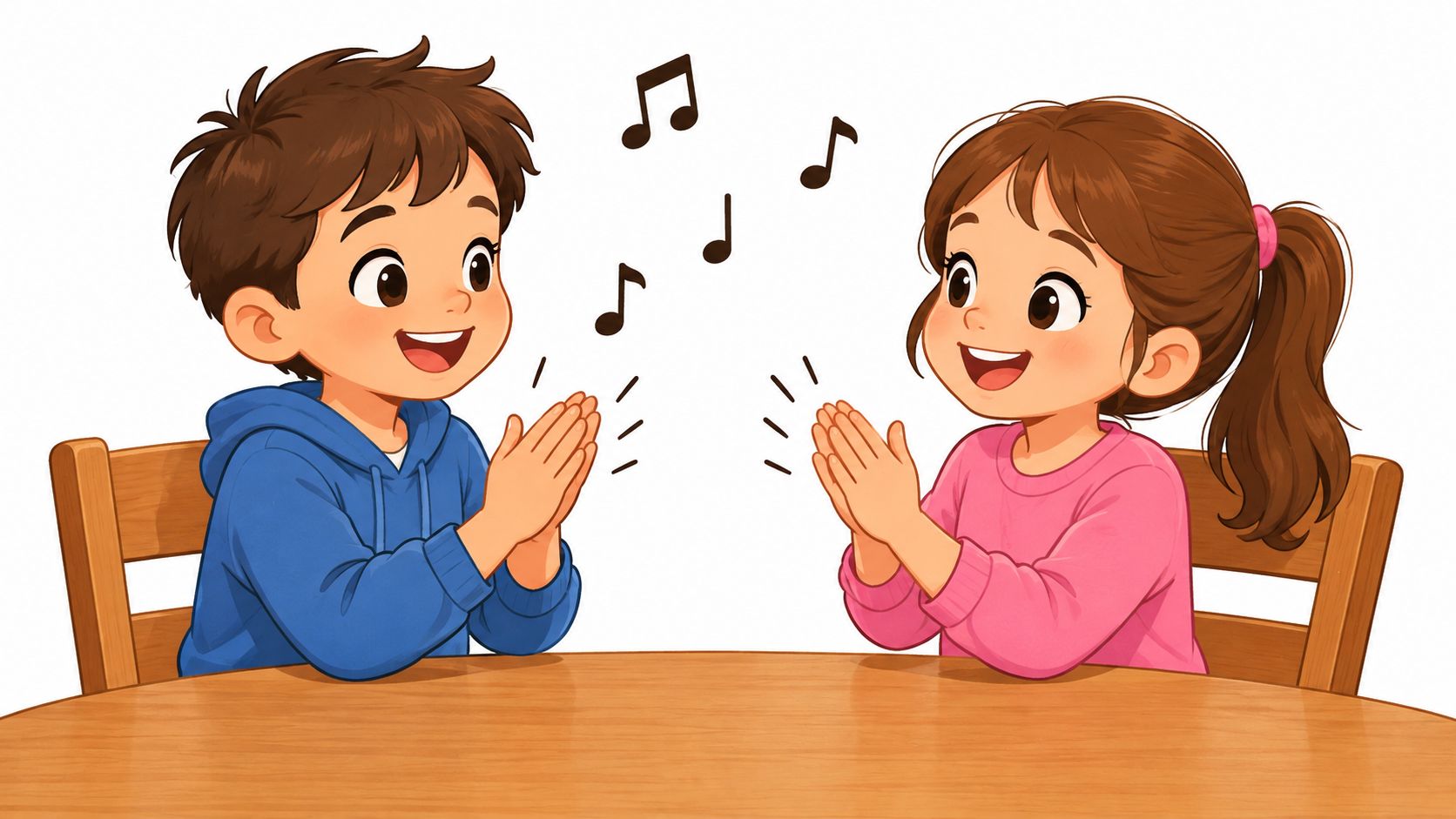 A young boy and girl sitting at a table clapping their hands happily while singing together.