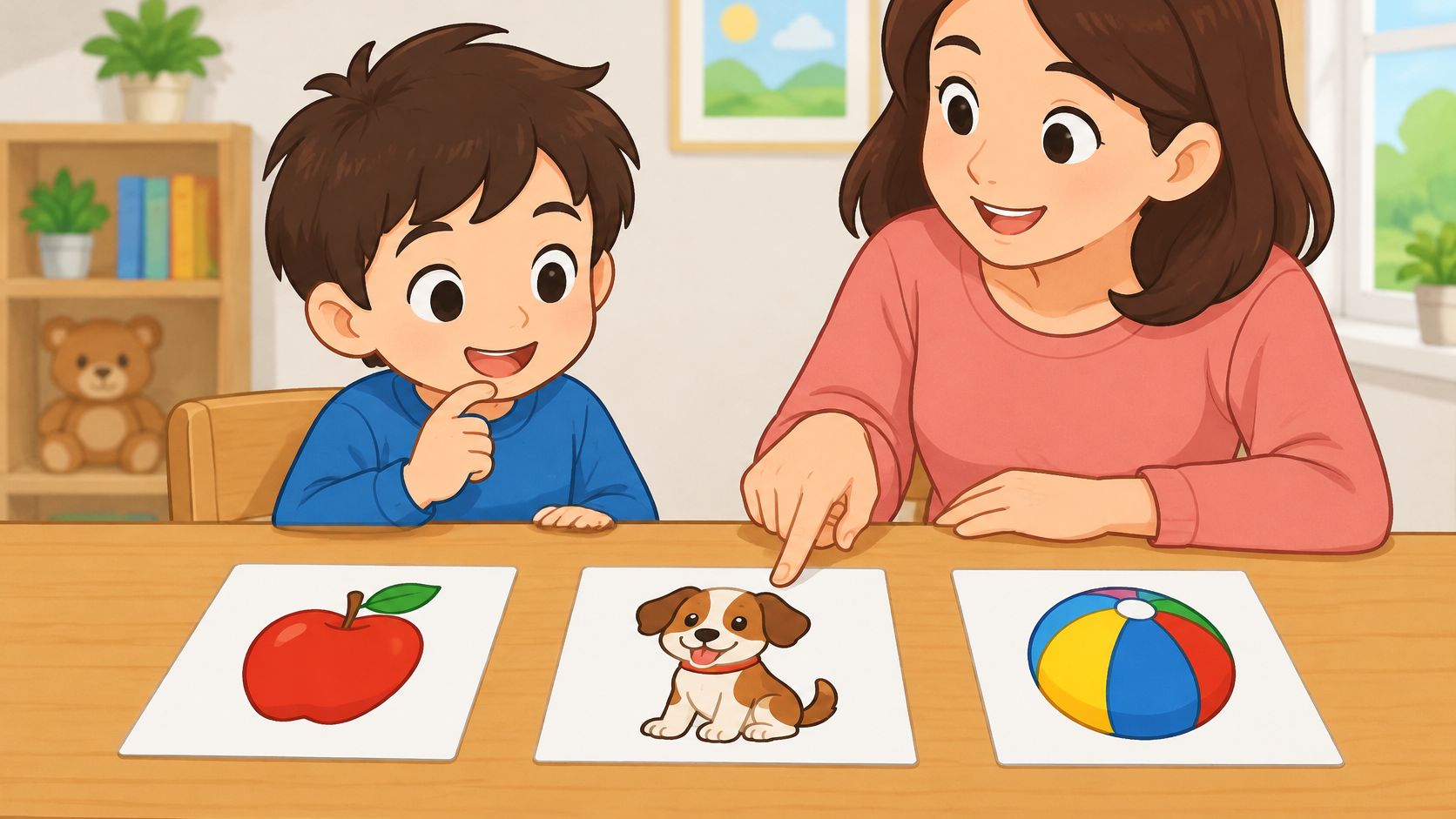 A woman and a young boy looking at flashcards of an apple, a puppy, and a ball.