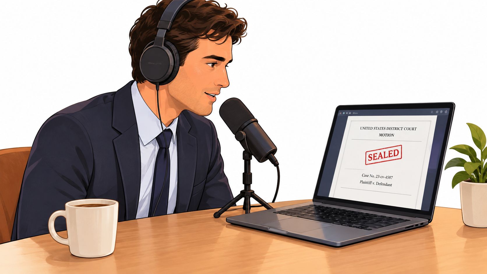 A professional man in a suit recording a legal podcast using a microphone and laptop computer.
