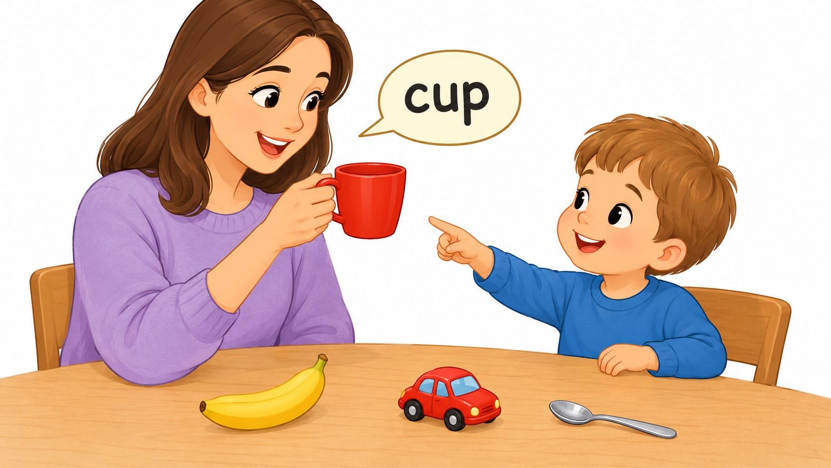 A mother sitting at a table with her young son, teaching him the word cup.