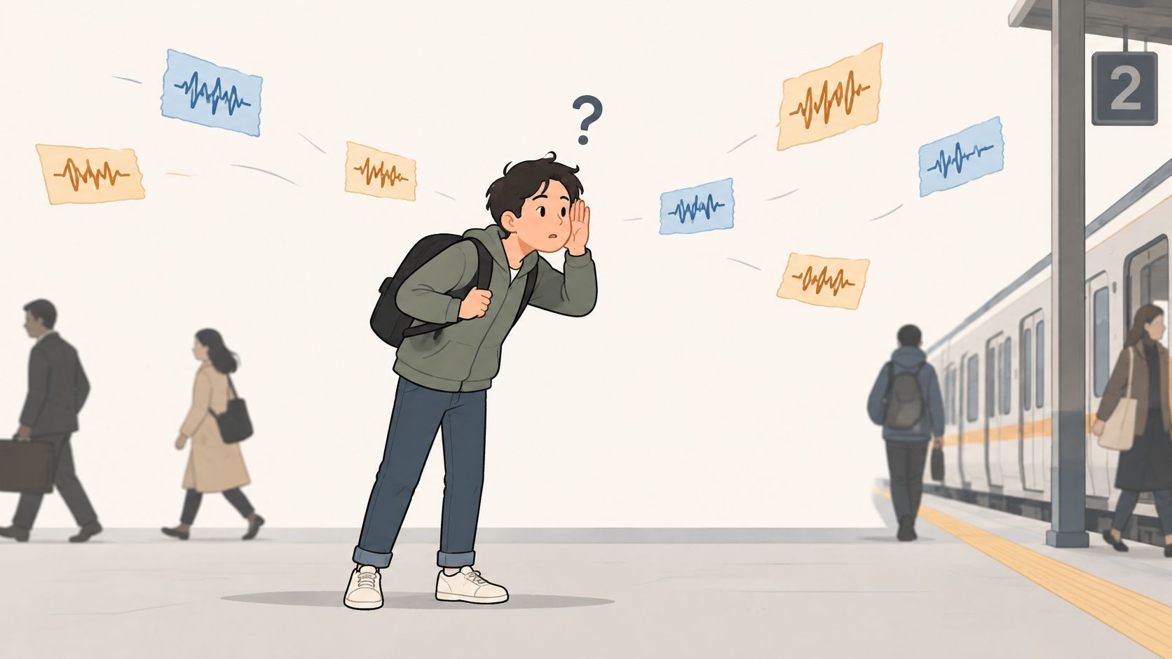 A confused young man with a backpack on a train platform trying to listen to audio messages.