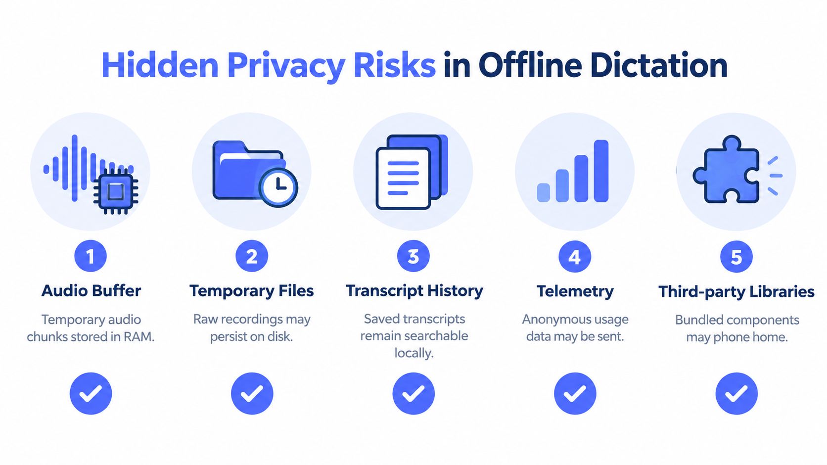 An infographic detailing five potential privacy risks associated with offline dictation software, including data storage and telemetry.