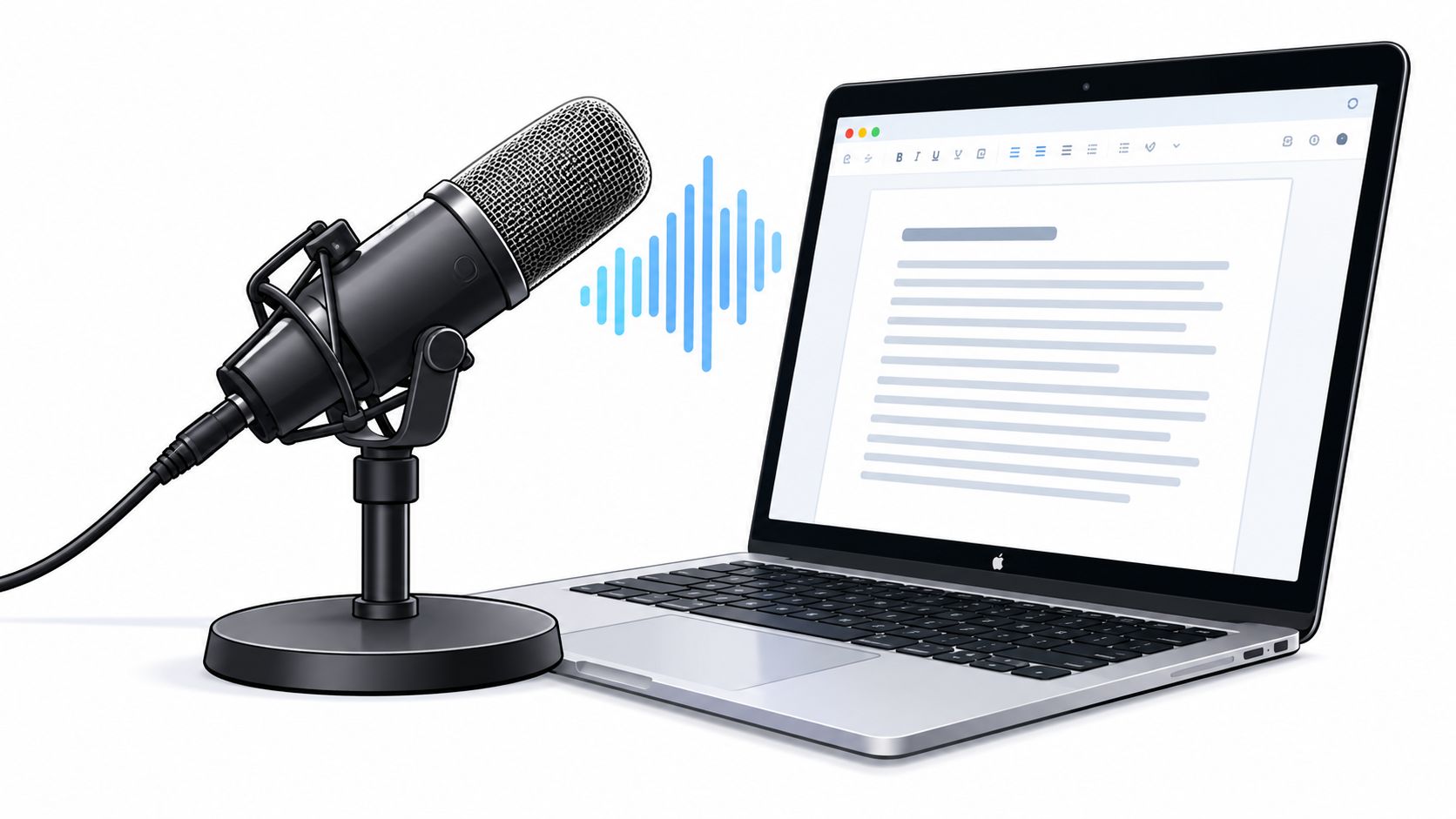 A professional microphone stands next to an open laptop showing a text document with voice transcription.