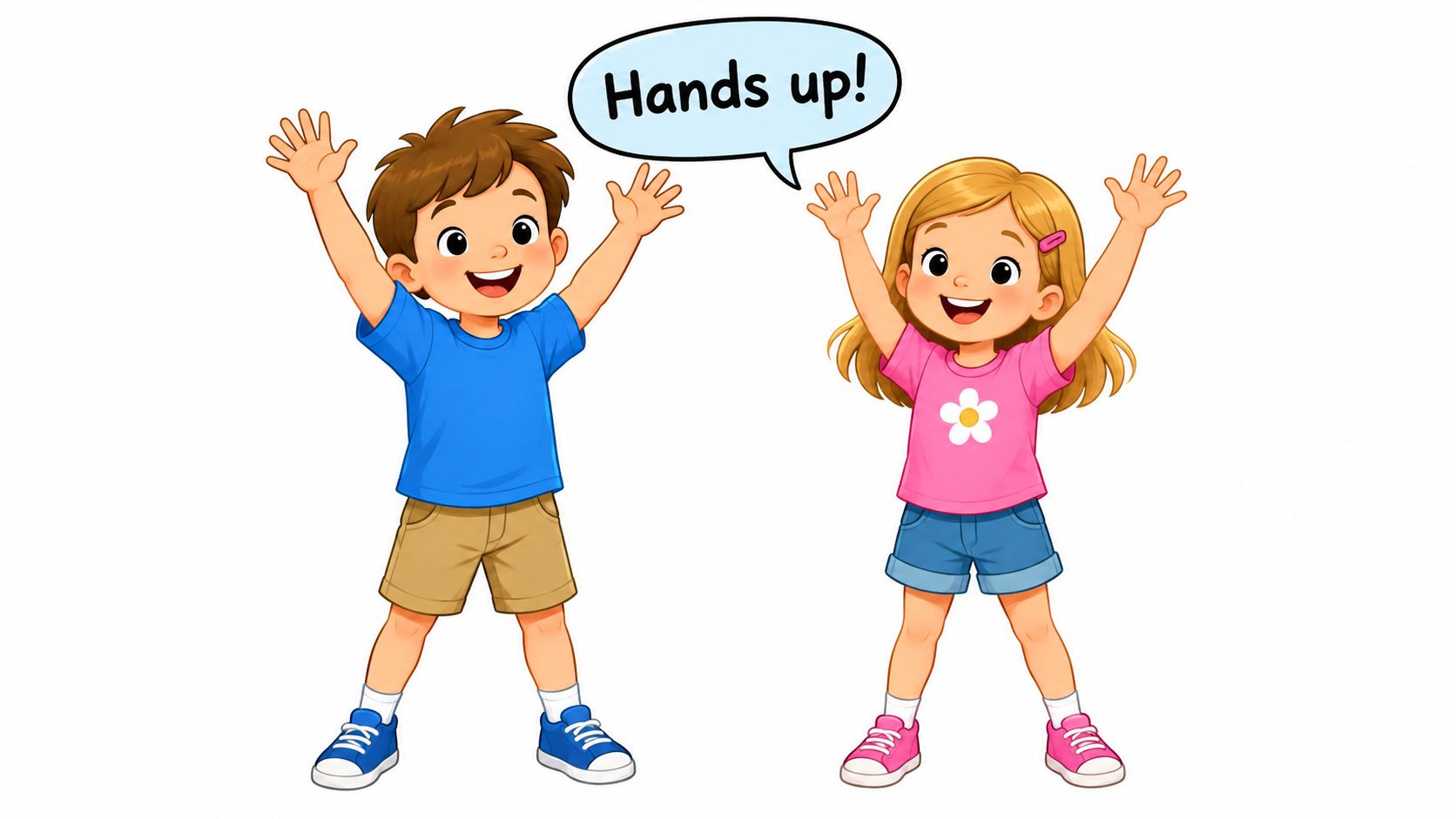 Friendly illustration of primary-school children aged eight and ten raising their hands during an action-word game.