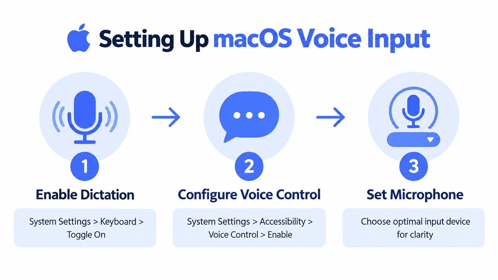 A step-by-step guide on how to configure and enable voice input settings on a macOS computer.