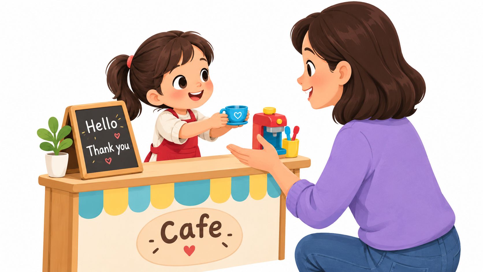 A young girl playing cafe owner serving a cup of coffee to her mother in a playhouse.