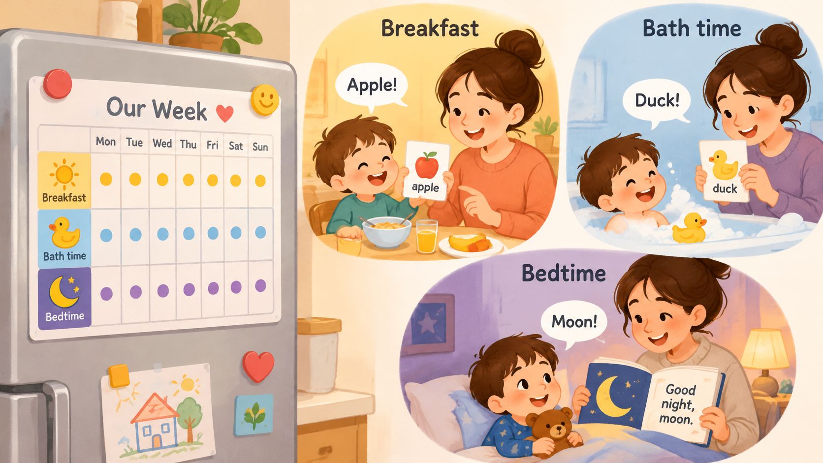 A mother teaching her young child vocabulary using flashcards and books during daily routines at home.