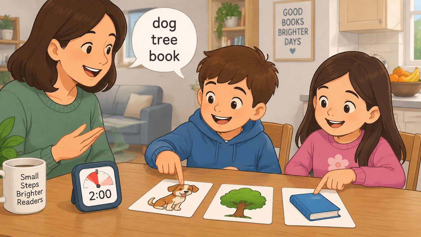 A teacher teaching young children English vocabulary using illustrated flashcards and a timer for a fun lesson.