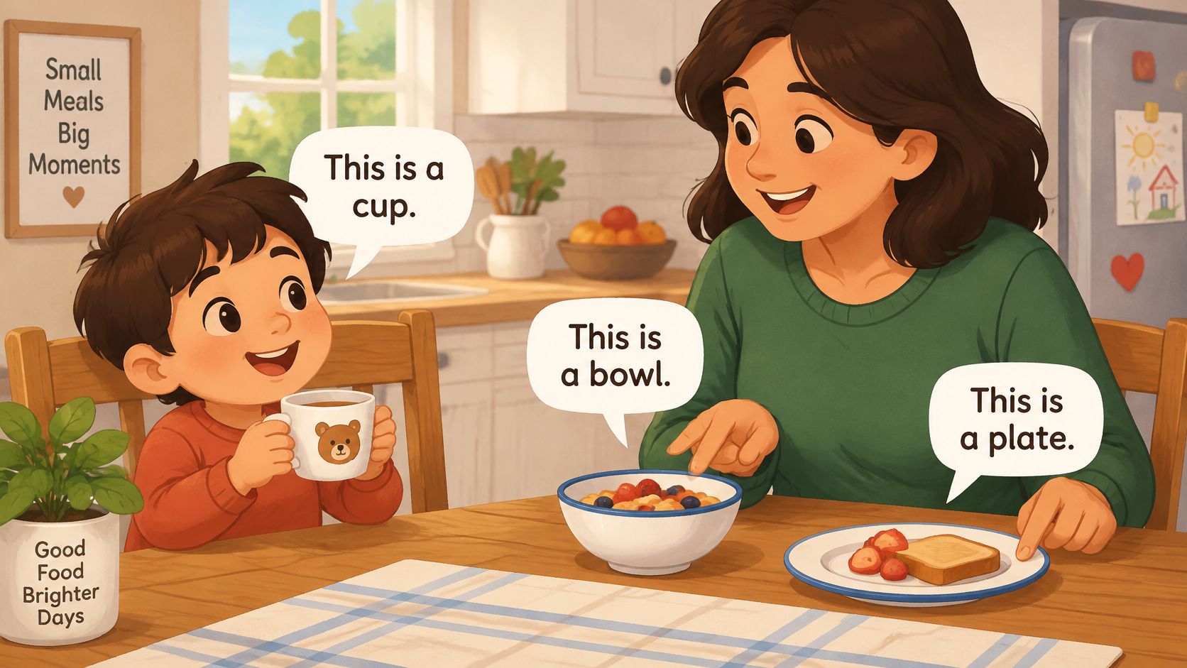 Friendly illustration of a parent and an eight-year-old child naming cups, bowls, and plates while preparing a snack.