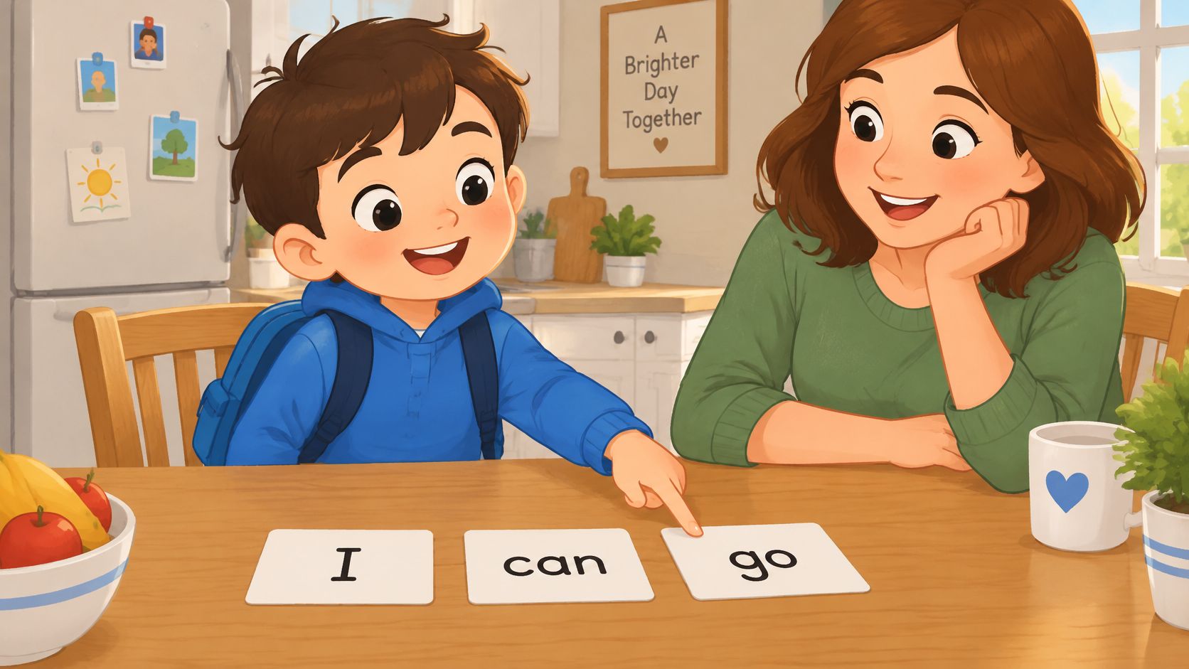 Friendly illustration of a seven-year-old boy and his mother arranging cards with the words I, can, and go.