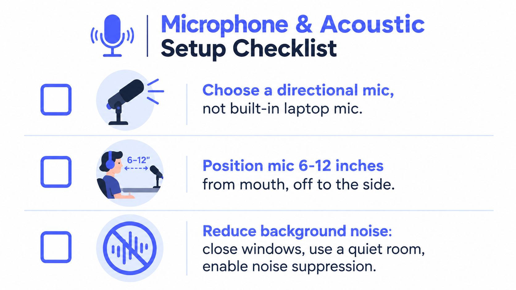 An infographic checklist for optimizing microphone and acoustic settings to improve audio quality for voice recording.