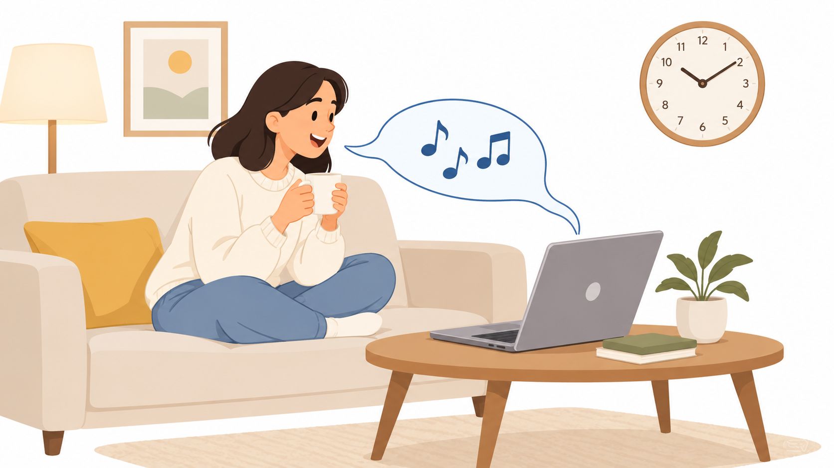 A happy woman sitting on a couch holding a mug while singing in front of her laptop.