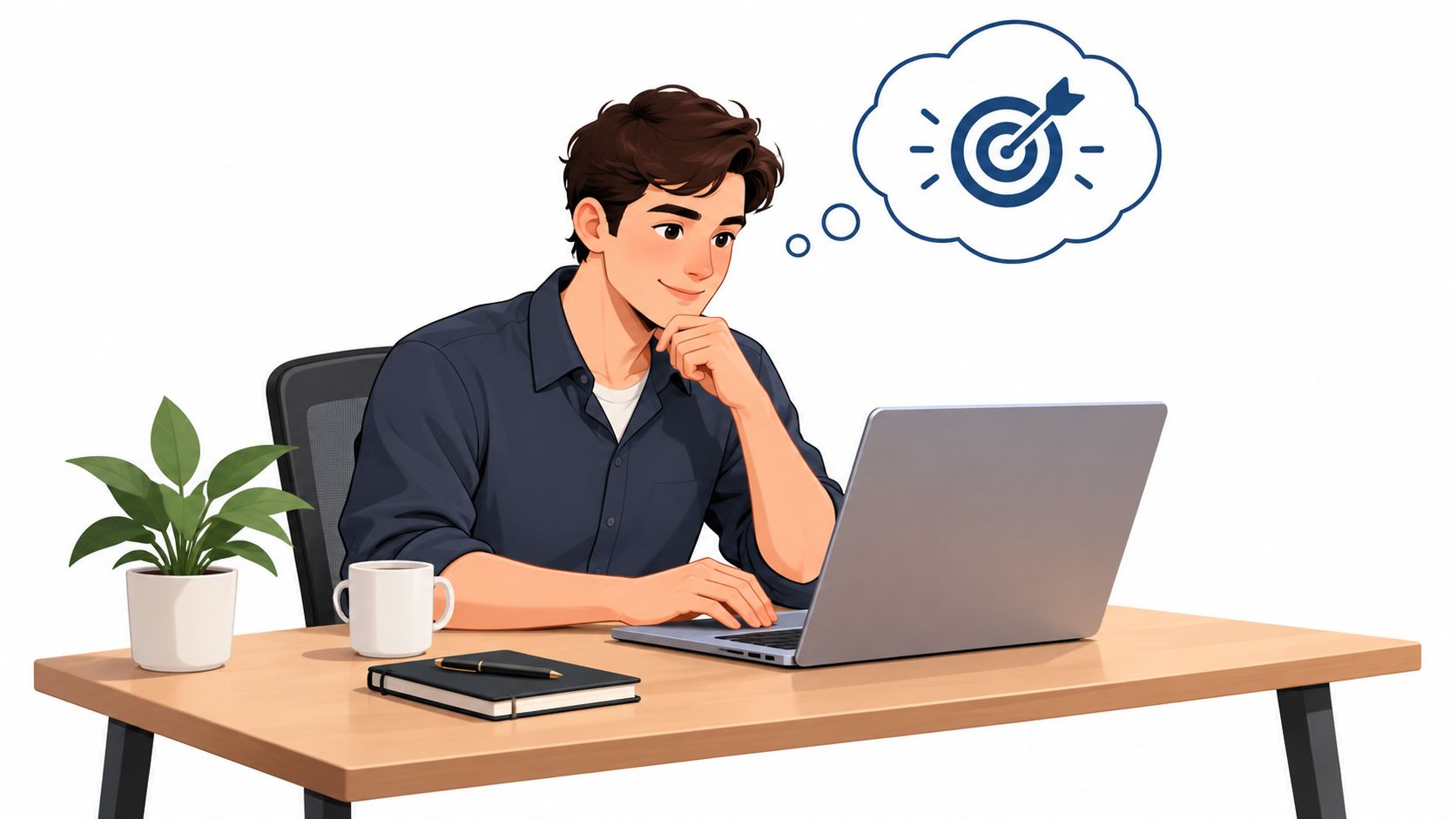 A young man sitting at a desk working on a laptop, thinking about achieving his professional goals.