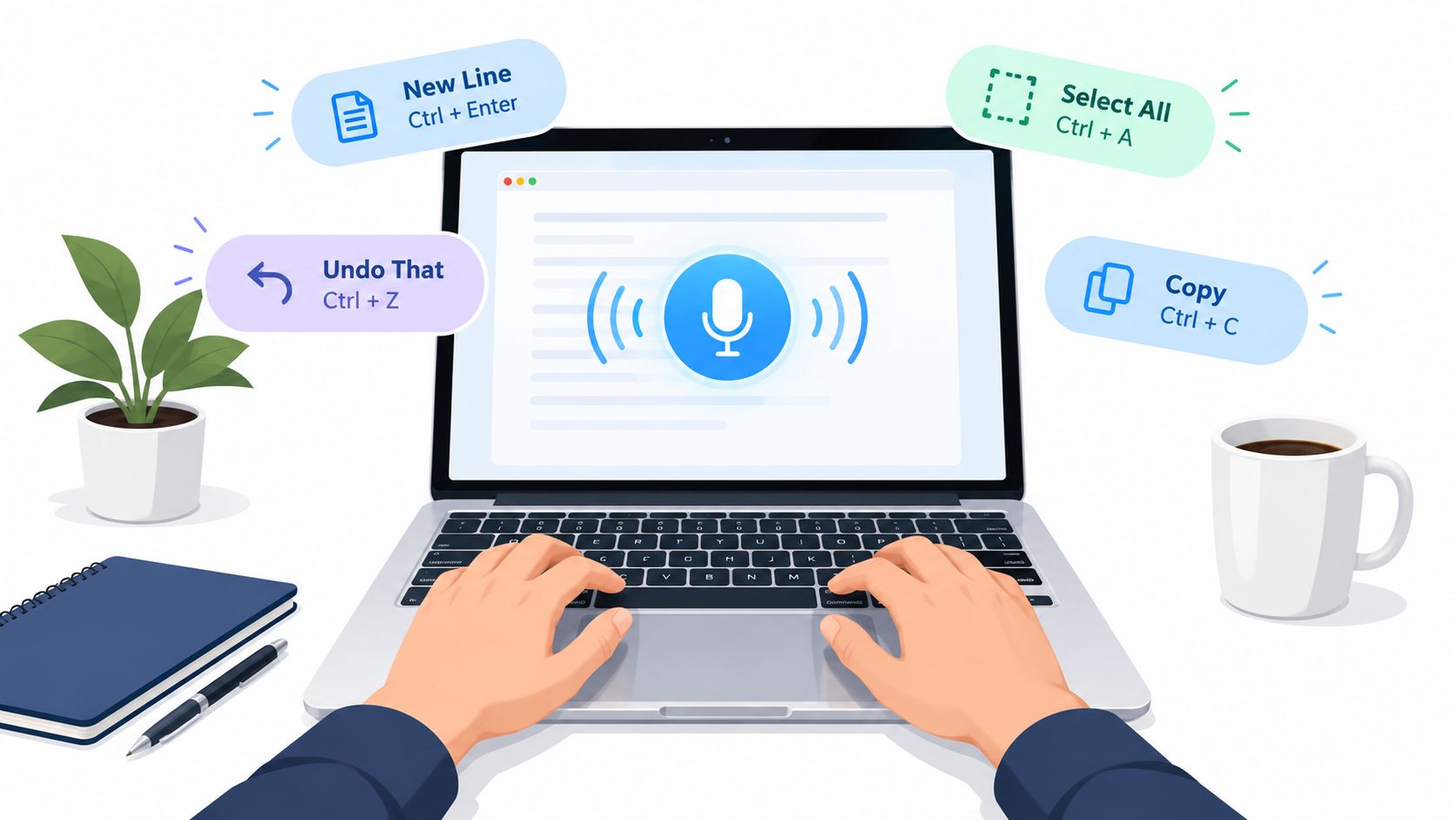 A person typing on a laptop screen displaying a microphone icon surrounded by common keyboard shortcut bubbles.