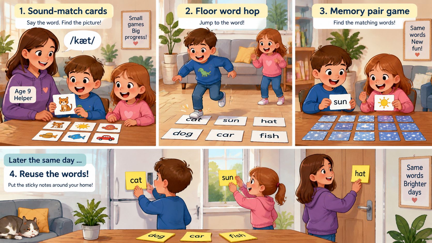 An illustration showing four interactive English learning activities for children to practice vocabulary words with pictures.