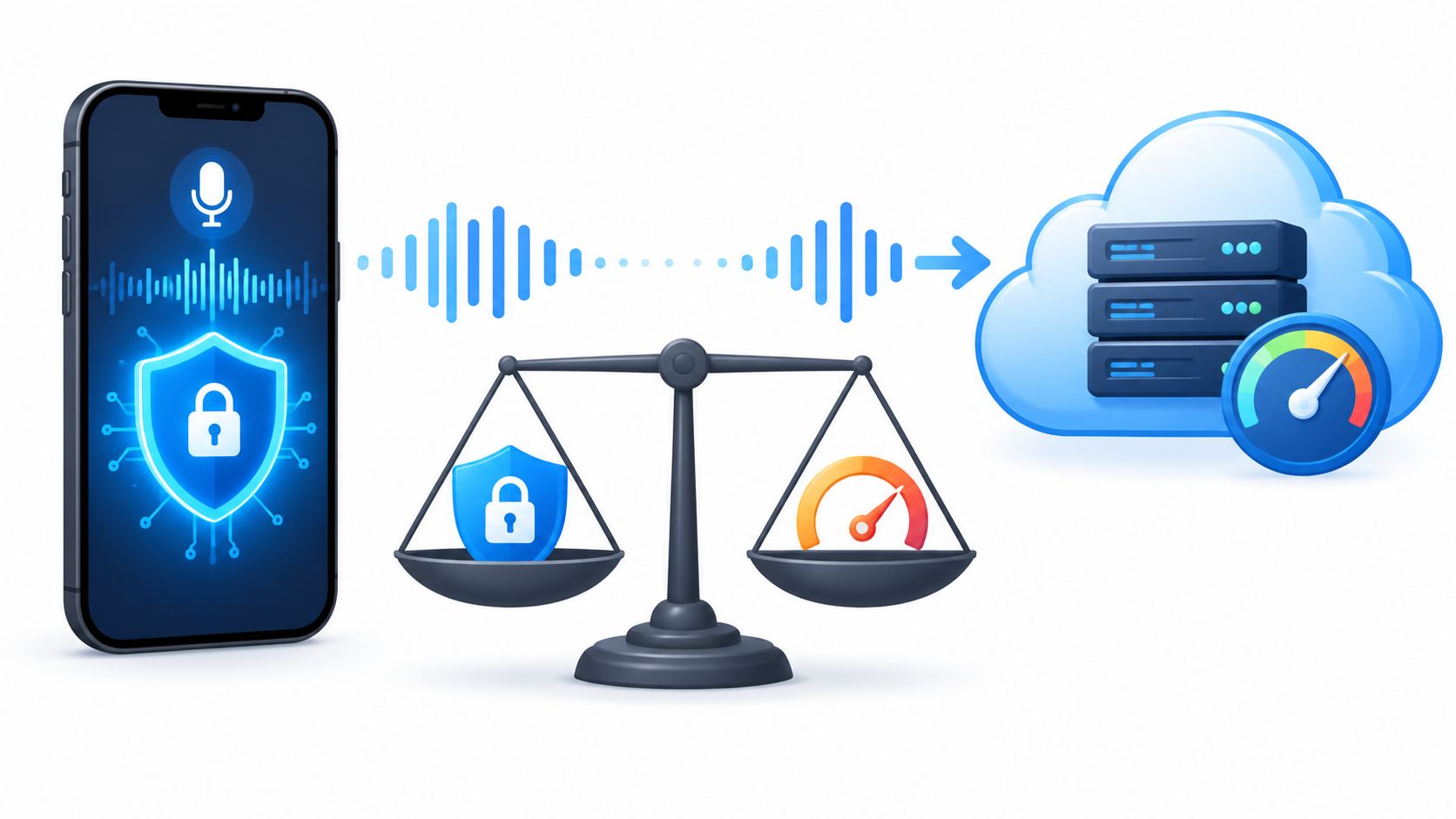 A conceptual illustration showing a smartphone balancing security and performance during cloud data transmission.