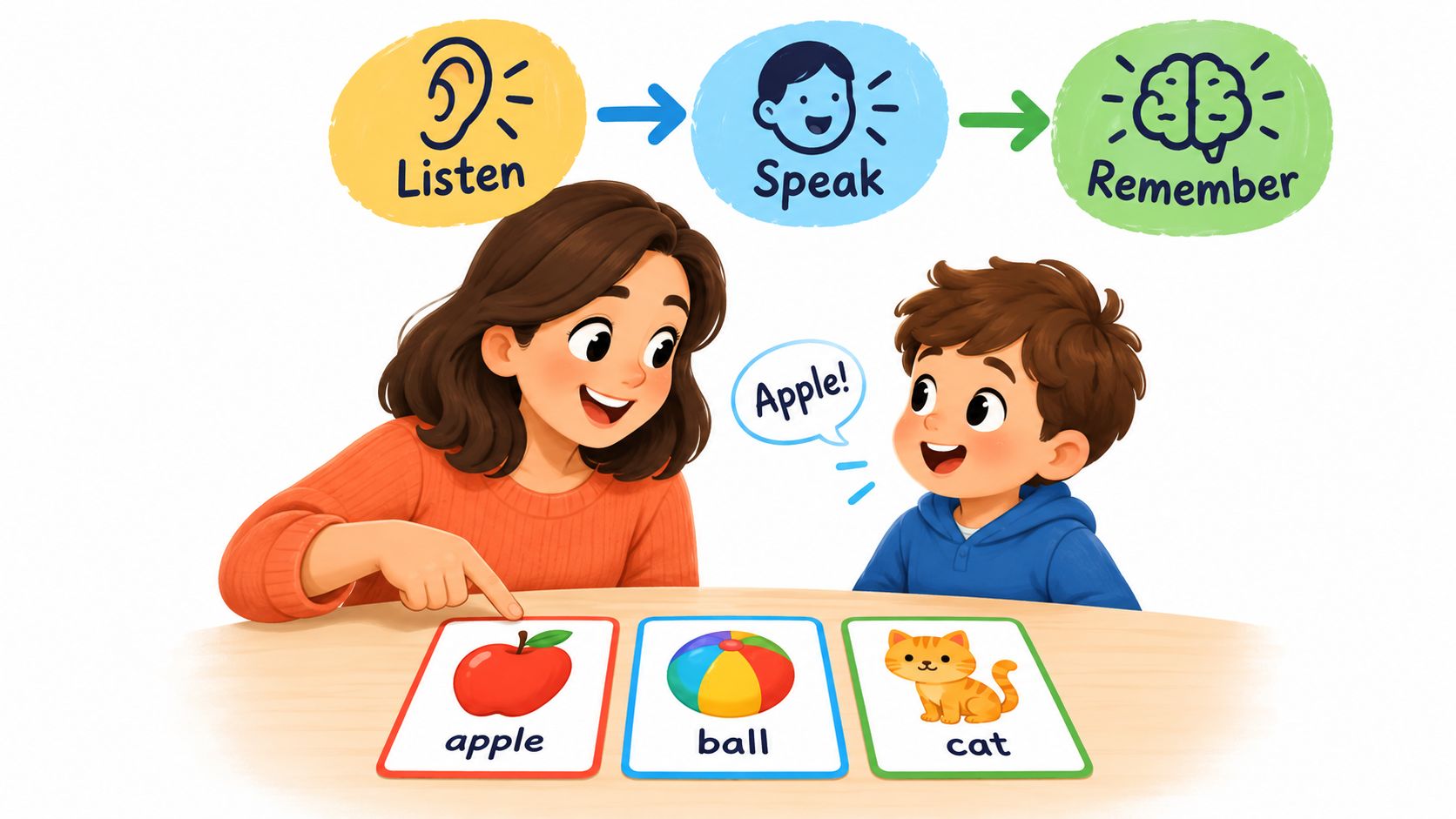 A woman teaching a young boy English words using flashcards of an apple, ball, and cat.