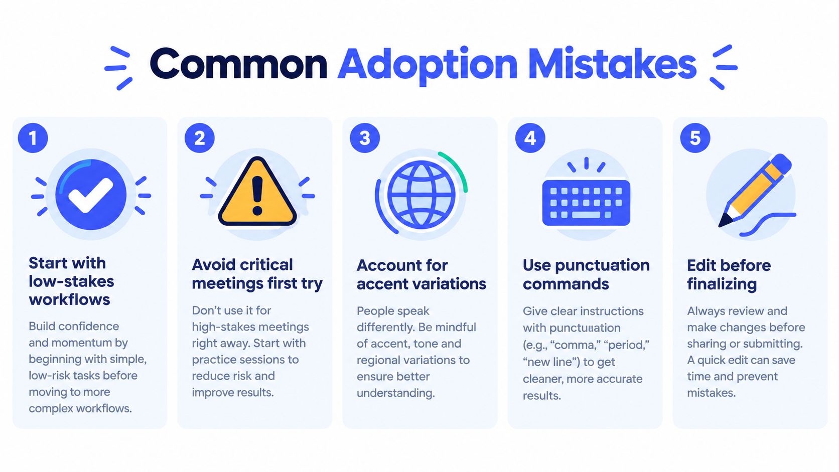 An infographic detailing five common adoption mistakes when using new voice recognition software or technology solutions.