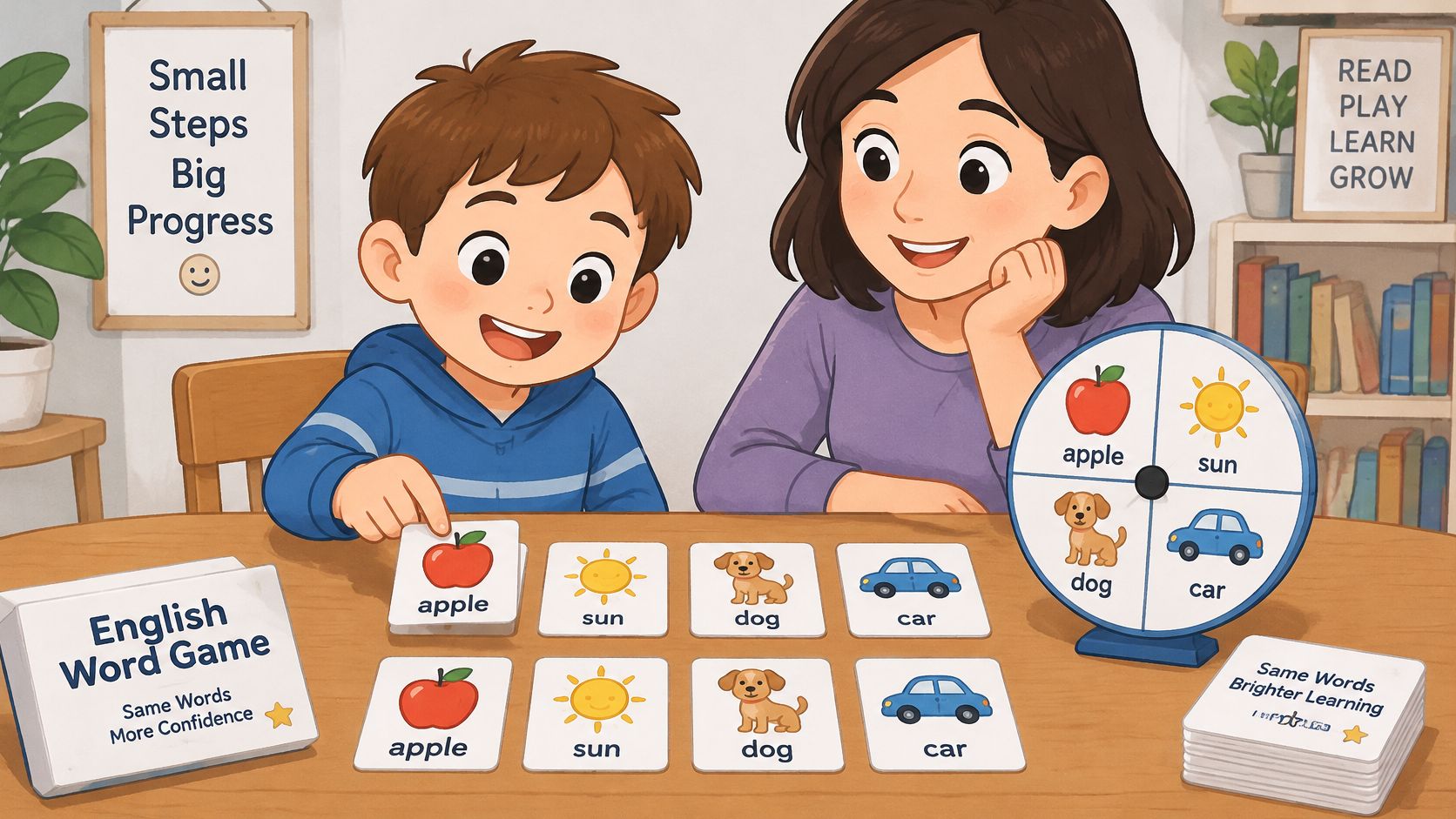 A young boy and his mother playing an English word matching game with picture cards at home.