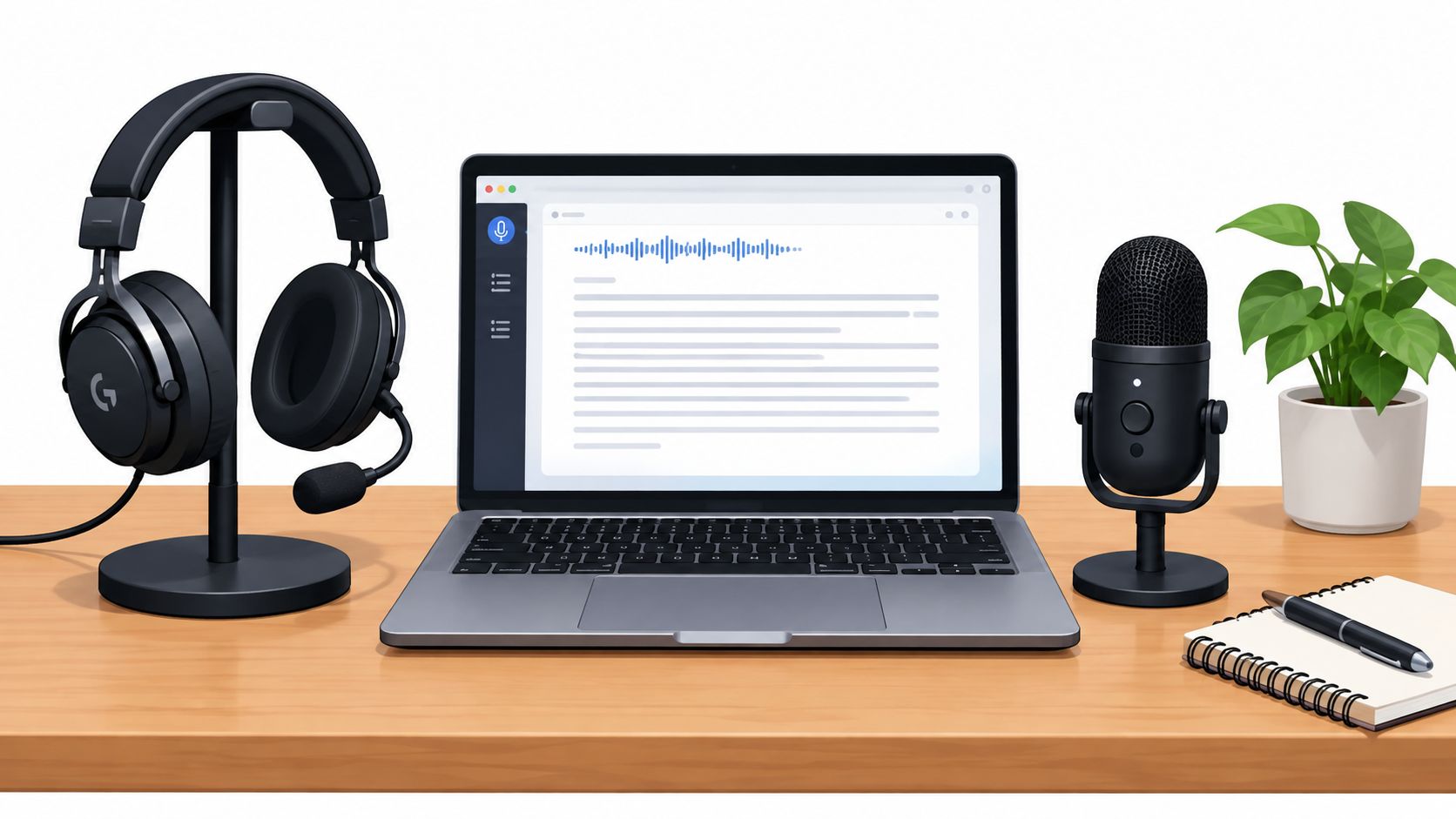 A modern desk setup featuring a laptop with speech to text software, microphone, and gaming headphones.