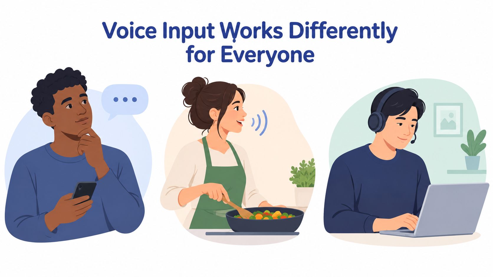 Three diverse people using voice recognition technology in different daily activities like cooking, working, and texting.