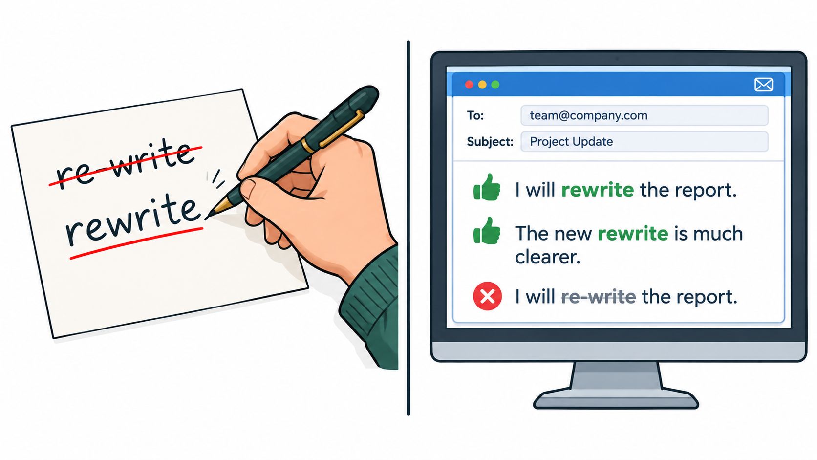 An illustration showing a hand correcting the word re-write to rewrite and an email screen showing correct usage.