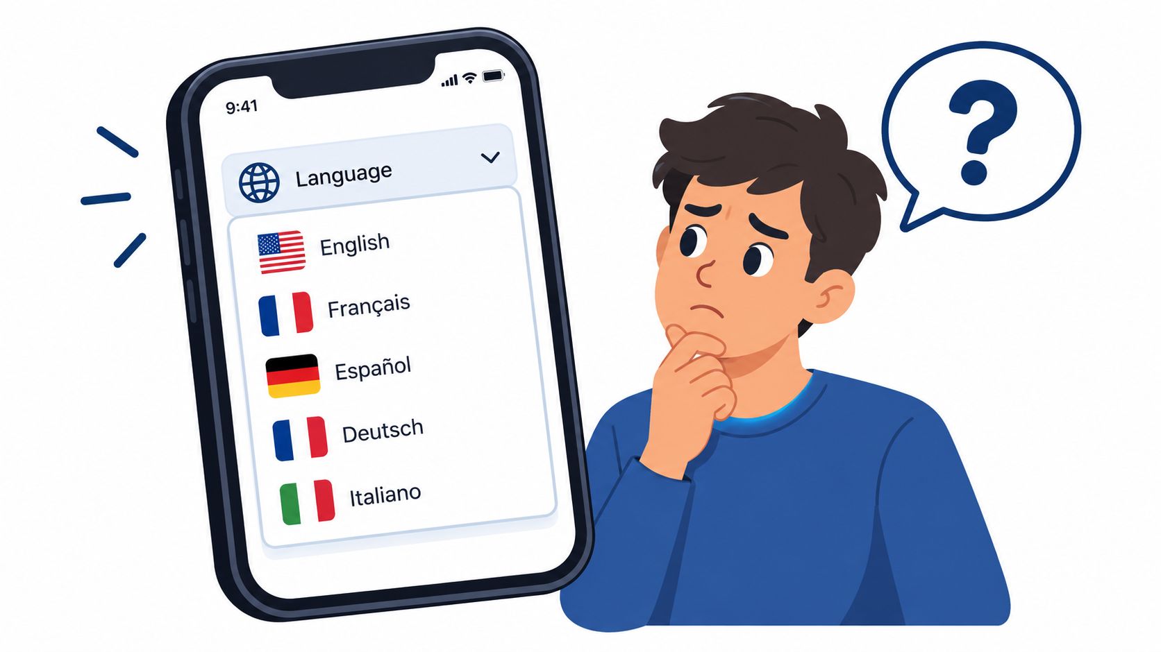 A confused person looking at a smartphone screen displaying a language selection menu with multiple flag icons.