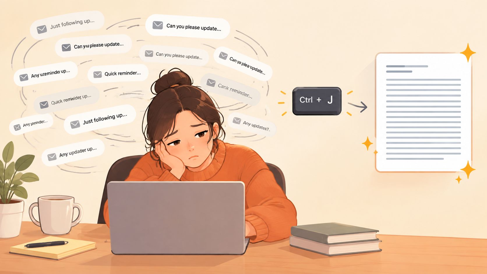 A stressed woman working on a laptop surrounded by reminder messages with a magical text expansion shortcut.