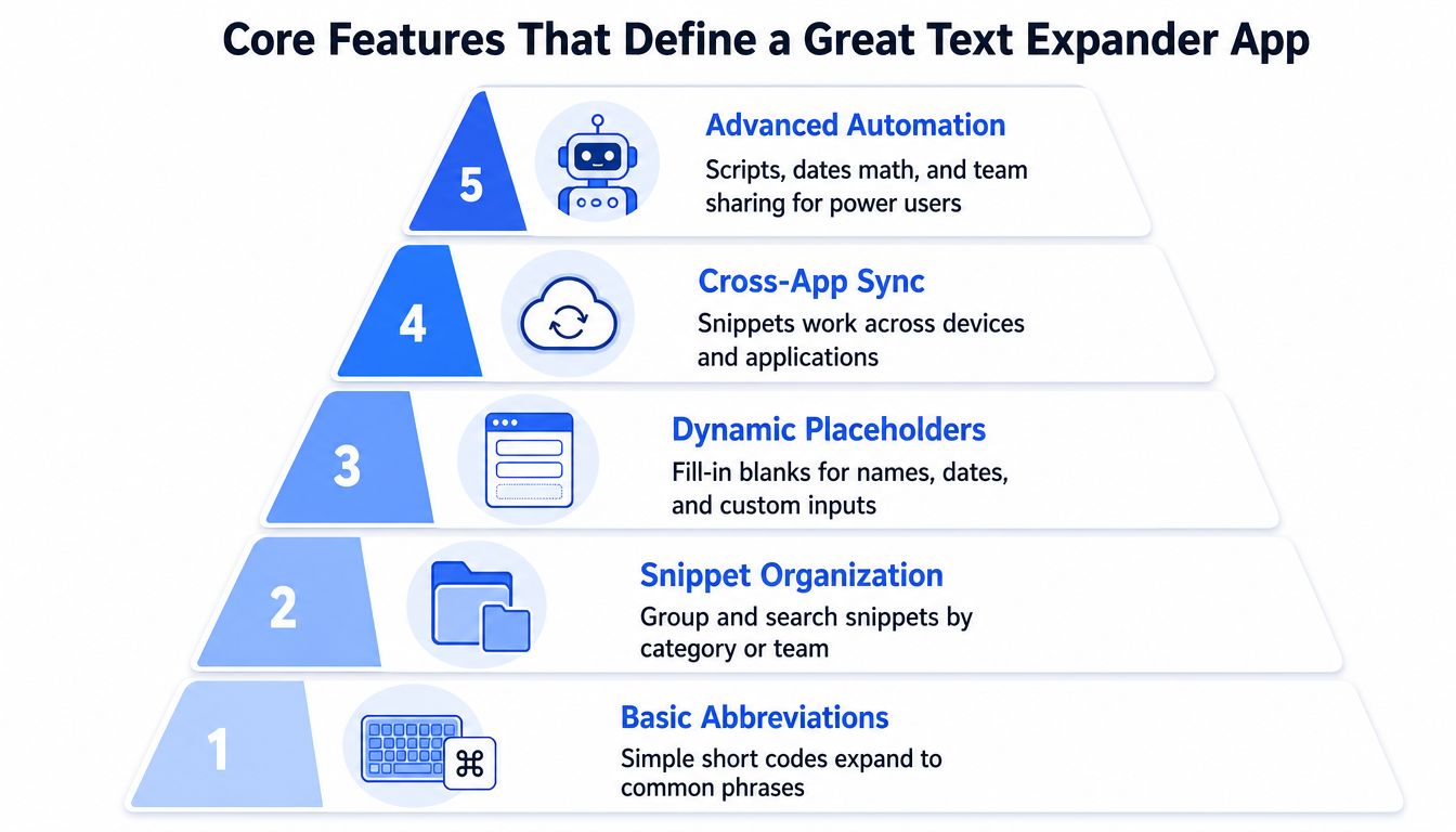 A five-level pyramid infographic illustrating the essential features for a high-quality text expander application.