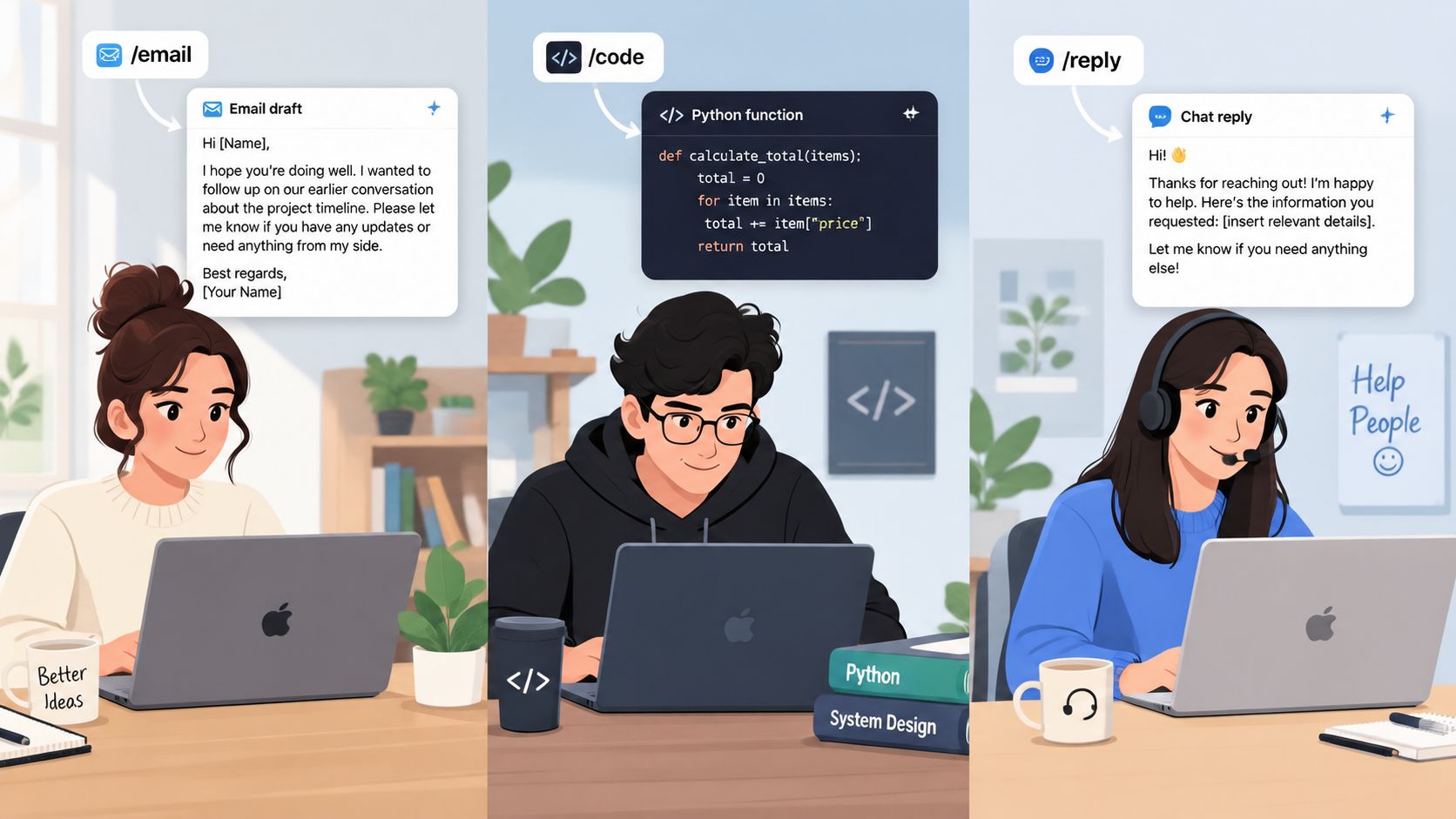 Three professional people using a text expander application to generate email drafts, code, and chat replies.
