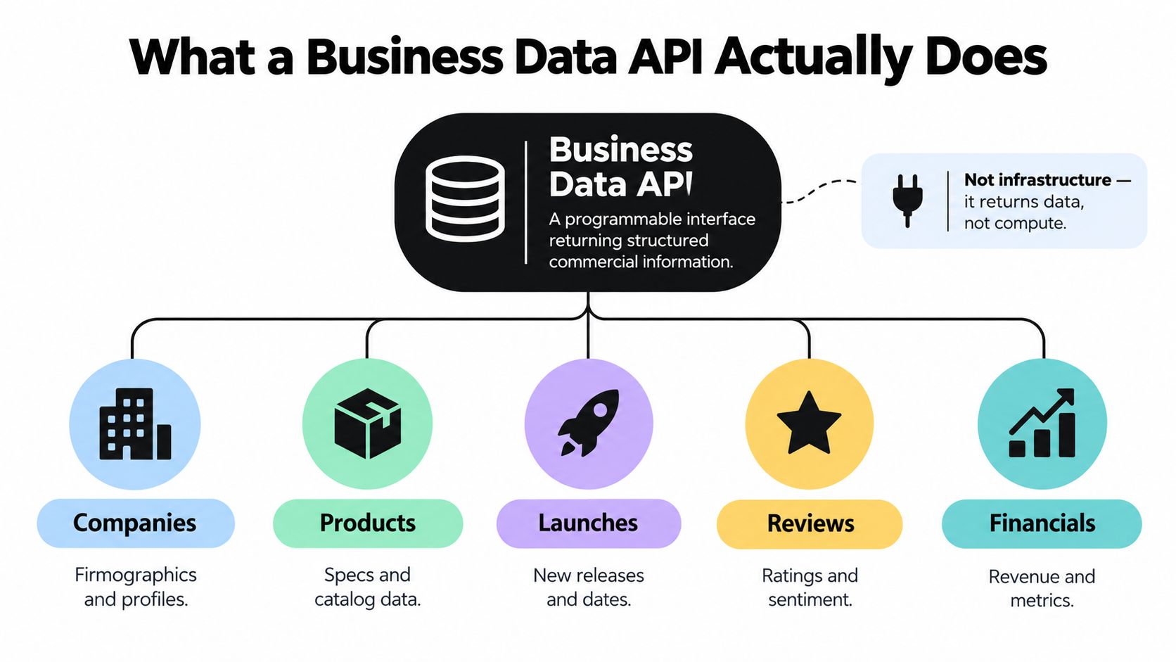 A diagram illustrating what a business data API provides, including information on companies, products, launches, reviews, and financials.
